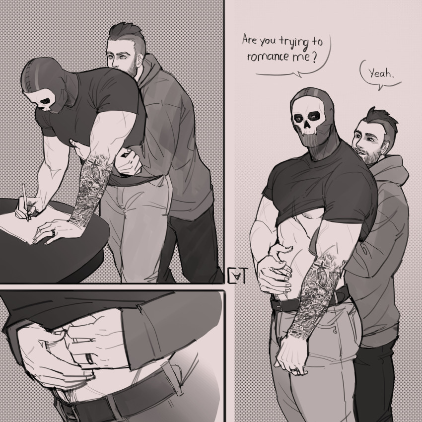 2boys absurdres arm_tattoo asymmetrical_hair bara belt black_hair call_of_duty call_of_duty:_modern_warfare_2 clothes_lift couple english_text facial_hair ghost_(modern_warfare_2) grabbing_from_behind greyscale highres holding holding_pen hood hood_down hoodie hug hug_from_behind jewelry large_pectorals male_focus mask monochrome multiple_boys muscular muscular_male pants paper pectoral_grab pectorals pen ring shirt shirt_lift short_hair sidecut skull_mask soap_(modern_warfare_2) sundaycat3 tattoo undercut yaoi