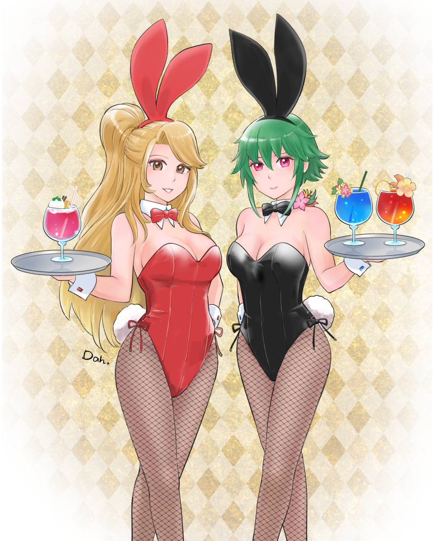 2girls animal_ears asellus_(saga_frontier) black_bow black_bowtie black_leotard blonde_hair bow bowtie breasts brown_eyes brown_pantyhose checkered_background cleavage commentary_request detached_collar drink elizabeth_(saga) fake_animal_ears feet_out_of_frame fishnet_pantyhose fishnets green_hair highres large_breasts leotard long_hair medium_breasts multiple_girls pantyhose playboy_bunny rabbit_ears rabbit_tail red_bow red_bowtie red_eyes red_leotard saga saga_frontier short_hair side-tie_leotard strapless strapless_leotard sugiyama_dahlia tail tray wrist_cuffs