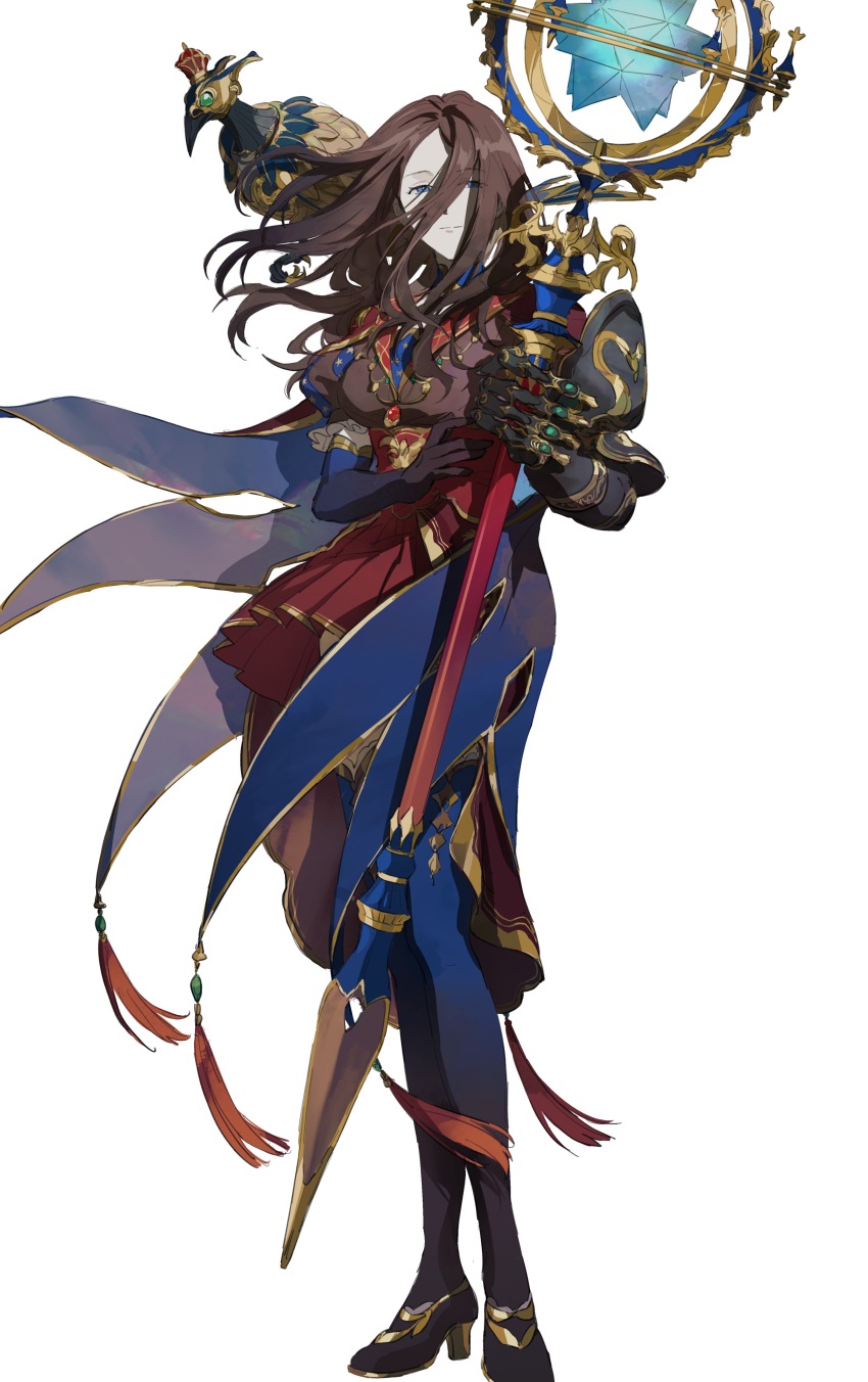 1girl absurdres animal animal_on_shoulder black_gloves blue_eyes blue_pantyhose brown_hair elbow_gloves fate/grand_order fate_(series) floating_hair full_body gloves highres leonardo_da_vinci_(fate) long_hair looking_at_viewer mechanical_arms mimulishizi non-humanoid_robot pantyhose robot robot_animal simple_background single_glove single_mechanical_arm smile solo white_background