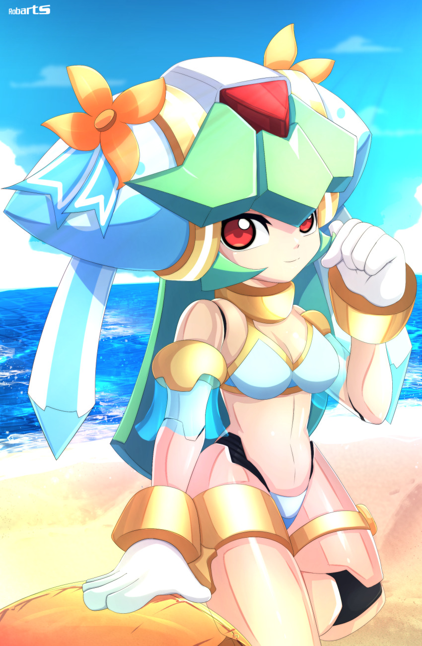 1girl absurdres alternate_costume artist_name axasempai beach bikini breasts flower_head green_hair helmet highres mechabare medium_breasts mega_man_(series) mega_man_zx model_w_(mega_man) ocean pandora_(mega_man) red_eyes sand sky smile solo swimsuit water white_bikini white_helmet