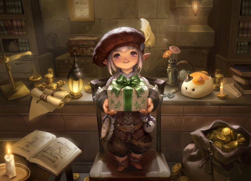 1girl belt beret book boots box brown_boots candle chair coin commentary english_commentary fat_cat_(ff14) final_fantasy final_fantasy_xiv flower gift gift_box hat hat_feather highres holding holding_gift indoors lalafell lamp livia_prima looking_at_viewer magic:_the_gathering official_art on_chair open_book pink_eyes pink_hair pointy_ears red_hat sack scroll short_hair smile solo standing standing_on_chair stone_wall tataru_taru