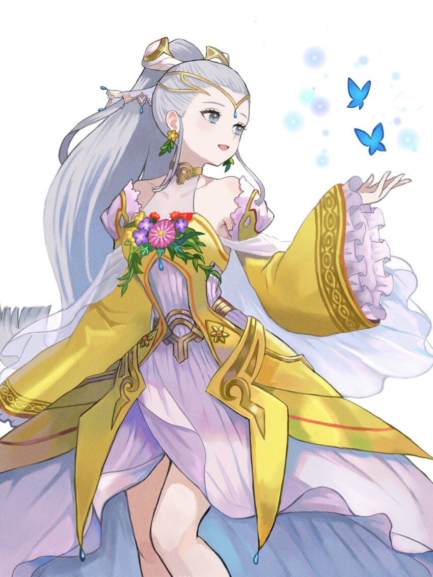 1girl blue_butterfly blue_eyes breasts bug butterfly detached_sleeves dress earrings eir_(fire_emblem) eir_(life_ascendant)_(fire_emblem) fire_emblem fire_emblem_heroes flower flower_earrings gold_trim grey_hair high_ponytail highres insect jewelry long_dress long_hair medium_breasts nintendo official_alternate_costume ponytail smile tiara very_long_hair yellow_dress yuurururun