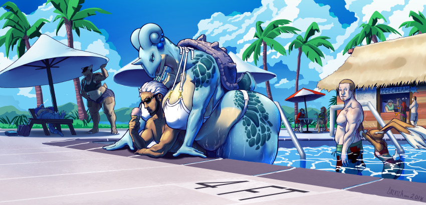 2018 2boys absurdres bikini bra fat fat_woman gen_1_pokemon gen_4_pokemon gen_6_pokemon glasses greasymojo highres kangaskhan lapras lopunny luxray multiple_boys multiple_girls nidoqueen nidoran nidoran_(female) nintendo outdoors palm_tree panties pokemon pool pyroar pyroar_(female) sunglasses swimsuit thick_thighs thighs tree two_piece underwear water wet white_bikini white_hair
