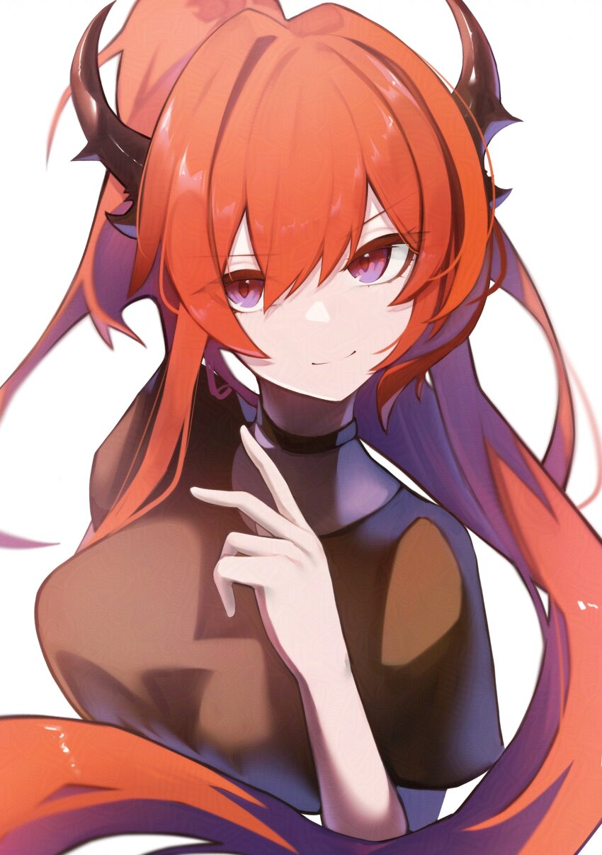 1girl absurdres arknights black_choker black_horns black_shirt choker closed_mouth cropped_torso eyes_visible_through_hair floating_hair hair_between_eyes hair_intakes hand_up highres horns light_smile long_hair purple_eyes red_hair shirt simple_background solo split_mouth surtr_(arknights) t-shirt turning_head white_background worimehl