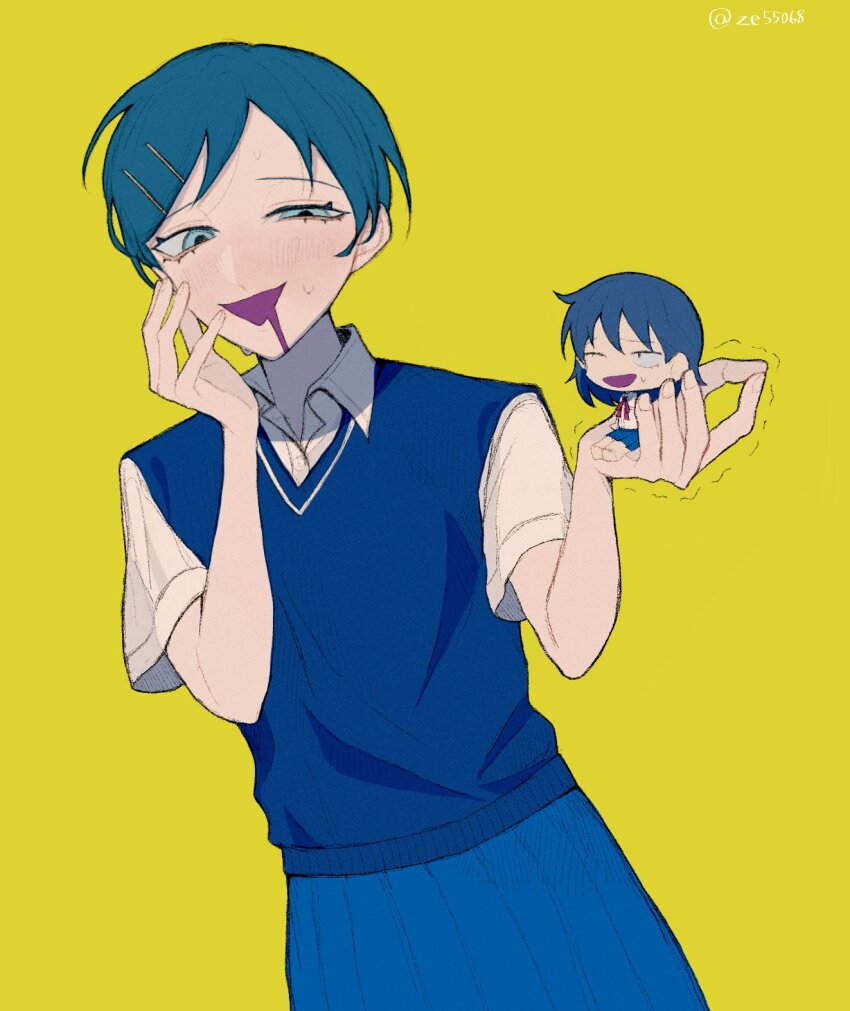 2girls :d aqua_hair black_eyes black_hair blue_eyes blue_skirt blue_sweater_vest blush chibi collared_shirt commentary crazy crazy_eyes crazy_smile dress_shirt drooling dutch_angle film_grain futsuu_no_keion-bu hair_ornament hairpin half-closed_eye hand_on_own_face hands_up hatono_chihiro highres holding holding_mini_person in_palm kouyama_rin looking_at_another lovestruck mini_person minigirl motion_lines mouth_drool multiple_girls neck_ribbon one_eye_closed open_mouth parted_bangs pixie_cut pleated_skirt red_ribbon ribbon saji_(ze55068) sanpaku school_uniform shirt short_hair short_sleeves simple_background sitting_on_hand size_difference skirt small_sweatdrop smile sweat sweater_vest trembling triangle_mouth twitter_username white_shirt wing_collar yellow_background