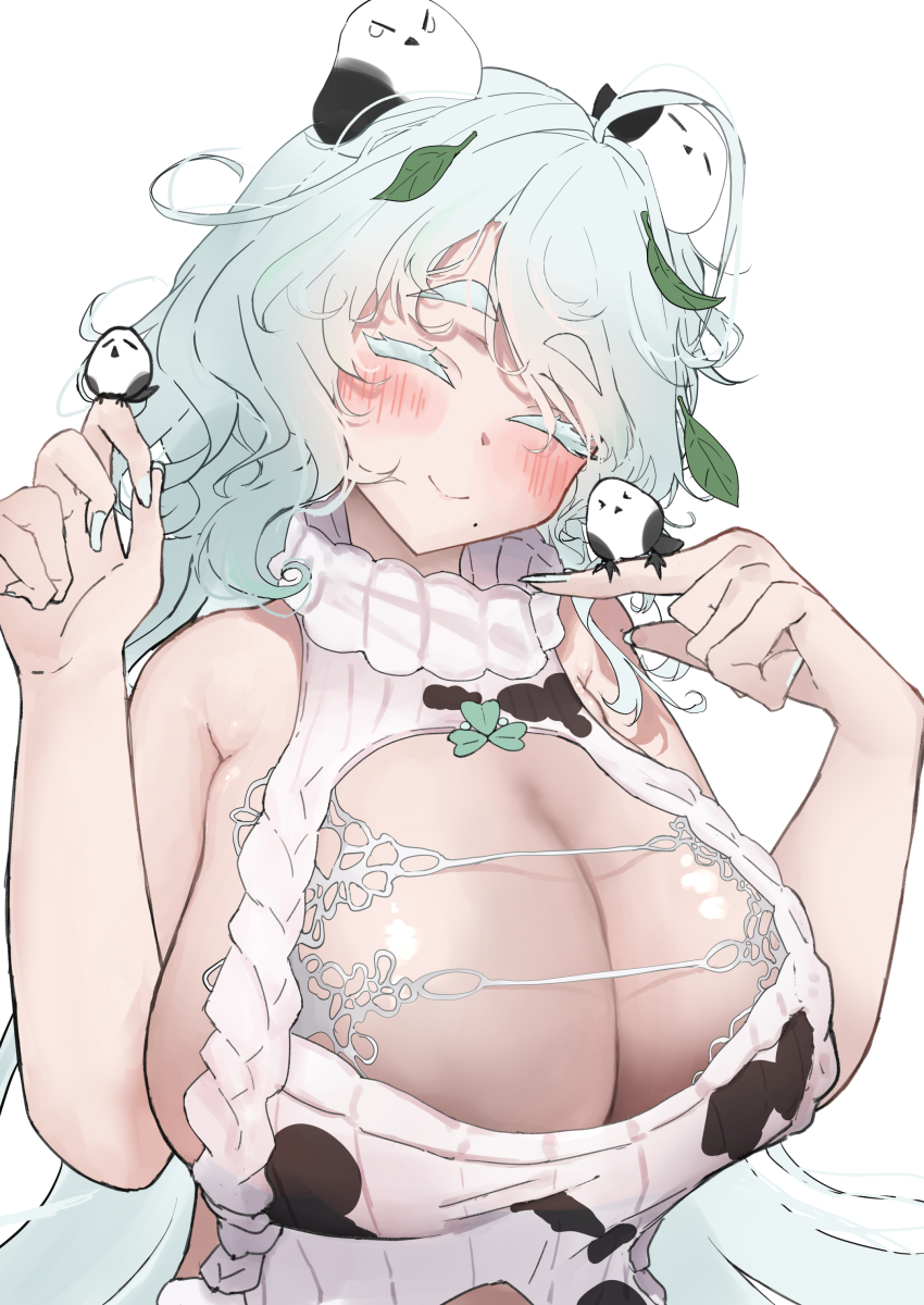 1girl absurdres animal animal_on_head bird bird_on_head breast_focus breasts cleavage cleavage_cutout closed_eyes closed_mouth clothing_cutout clover colored_eyelashes goddess_of_victory:_nikke highres holding holding_animal holding_bird iwazaki leaf leaf_on_head long-tailed_tit long_hair meme_attire mole mole_under_mouth navel_cutout on_head print_sweater ribbed_sweater sleeveless sleeveless_sweater sleeveless_turtleneck smile sweater tit_(bird) trina_(nikke) turtleneck turtleneck_sweater virgin_destroyer_sweater white_eyelashes white_sweater