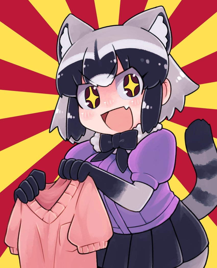 &gt;:) +_+ 1girl :d animal_ear_fluff animal_ears blue_hair blue_skirt blush bodystocking bow bowtie breast_pocket commentary_request common_raccoon_(kemono_friends) female_focus flag fur_collar grey_hair highres holding ino_(tellu0120) kemono_friends macedonian_flag multicolored_hair no_gloves open_mouth pantyhose pink_sweater pocket puffy_short_sleeves puffy_sleeves purple_sweater raccoon_ears raccoon_tail short-sleeved_sweater short_hair short_sleeves skirt smile solo sunburst sweater tail v-shaped_eyebrows