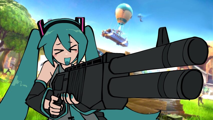 &gt;_&lt; 1girl aqua_hair aqua_nails aqua_necktie aqua_tongue bare_shoulders black_hairband black_sleeves collared_shirt colored_mouth commentary danciingcosmos detached_sleeves english_commentary fortnite grey_shirt hairband hatsune_miku highres holding holding_weapon long_hair necktie open_mouth shirt smile solo twintails upper_body very_long_hair vocaloid weapon weapon_request