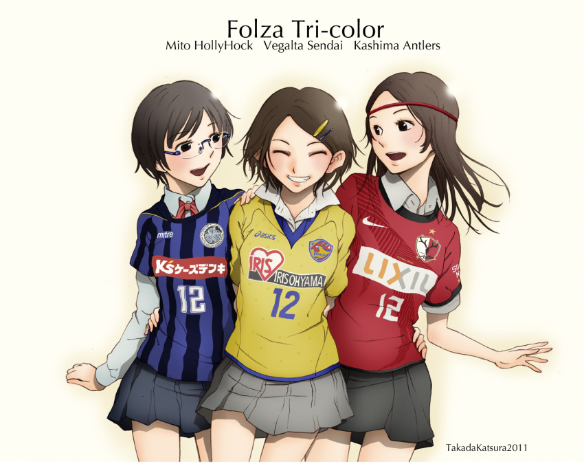 2011_tohoku_earthquake_and_tsunami 3girls asics black_eyes black_hair brown_hair closed_eyes clothes_writing glasses grin hair_ornament hairclip hand_on_own_hip hand_on_shoulder highres hug j._league kashima_antlers md5_mismatch mito_hollyhock multiple_girls shirt short_hair smile soccer soccer_uniform sportswear striped_clothes striped_shirt takada_katsura vegalta_sendai