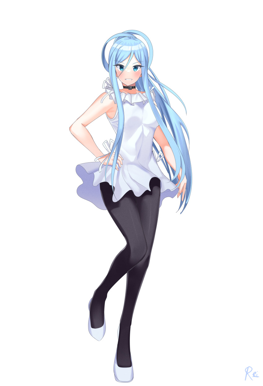 1girl absurdres aoki_hagane_no_arpeggio artist_name bare_shoulders blue_eyes blue_hair blush breasts choker commentary commission dress english_commentary full_body hair_between_eyes hand_on_own_hip high_heels highres jewelry legs long_hair looking_at_viewer medium_breasts pantyhose reiei_8 shoes short_dress sidelocks skirt sleeveless sleeveless_dress smile solo standing takao_(aoki_hagane_no_arpeggio) transparent_background very_long_hair white_dress white_shoes