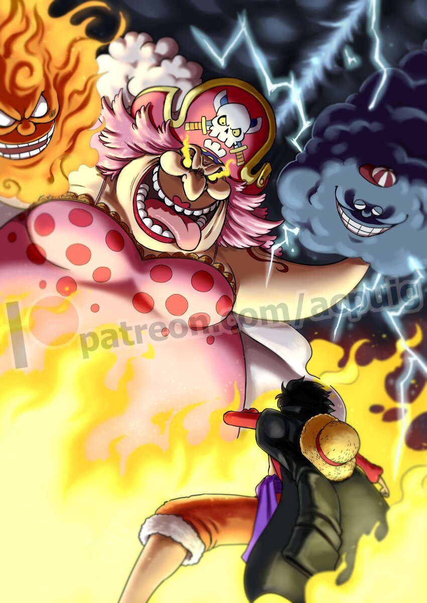 1girl 4boys acpuig black_hair charlotte_linlin cloud curly_hair empty_eyes fire hat highres lightning lipstick long_hair makeup monkey_d._luffy multiple_boys napoleon_(one_piece) one_piece open_mouth pink_hair pirate_hat prometheus_(one_piece) short_hair smile straw_hat teeth tongue tongue_out unworn_hat unworn_headwear watermark web_address zeus_(one_piece)