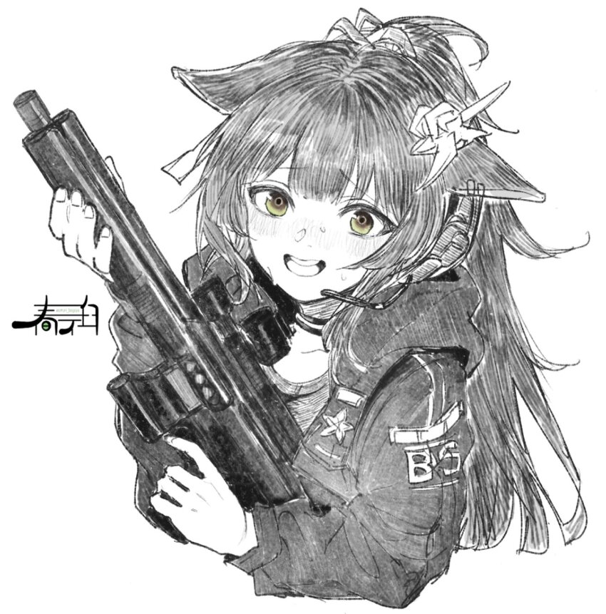 1girl animal_ears arknights artist_logo blush clothes_writing commentary_request cropped_torso fingernails green_eyes greyscale gun harukan_tiusu hatching_(texture) headset highres holding holding_gun holding_weapon hood hood_down hooded_jacket jacket jessica_(arknights) jessica_the_liberated_(arknights) linear_hatching logo long_hair long_sleeves looking_at_viewer monochrome nervous nervous_smile nose_blush open_mouth shirt simple_background sketch smile solo spot_color weapon white_background