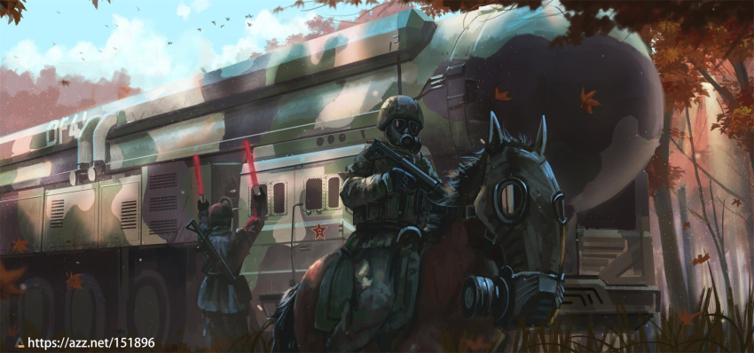 2others ambiguous_gender ammunition_pouch animal assault_rifle august1st black_jacket body_armor bulletproof_vest camouflage camouflage_jacket camouflage_paint camouflage_pants cavalry china chinese_commentary combat_helmet commentary_request dongfeng-41 facing_ahead facing_away feet_out_of_frame foliage from_behind gas_mask grass green_pants gun hands_up helmet highres holding holding_gun holding_weapon horse horseback_riding intercontinental_ballistic_missile jacket load_bearing_vest mask military military_combat_uniform military_jacket military_uniform military_vehicle missile motor_vehicle multiple_others original other_focus outdoors pants partial_commentary people&#039;s_liberation_army people&#039;s_liberation_army_ground_force people&#039;s_liberation_army_rocket_force pouch qbz-191 red_star riding rifle scenery shouhui_lang_qun simple_bird smoke star_(symbol) starry_sky_camouflage tall_grass traffic_baton transporter_erector_launcher_(tel) watermark weapon web_address