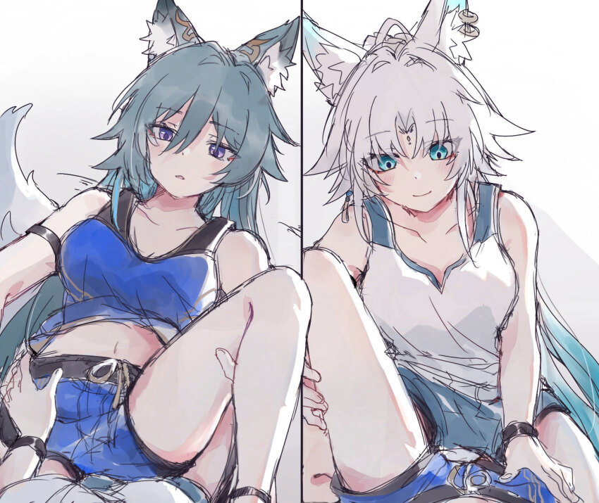 2girls alternate_costume animal_ears breasts feixiao_(honkai:_star_rail) fud green_hair hand_on_another&#039;s_thigh highres honkai:_star_rail honkai_(series) long_hair medium_breasts multiple_girls shorts simple_background sportswear spread_legs very_long_hair white_background white_hair yukong_(honkai:_star_rail) yuri