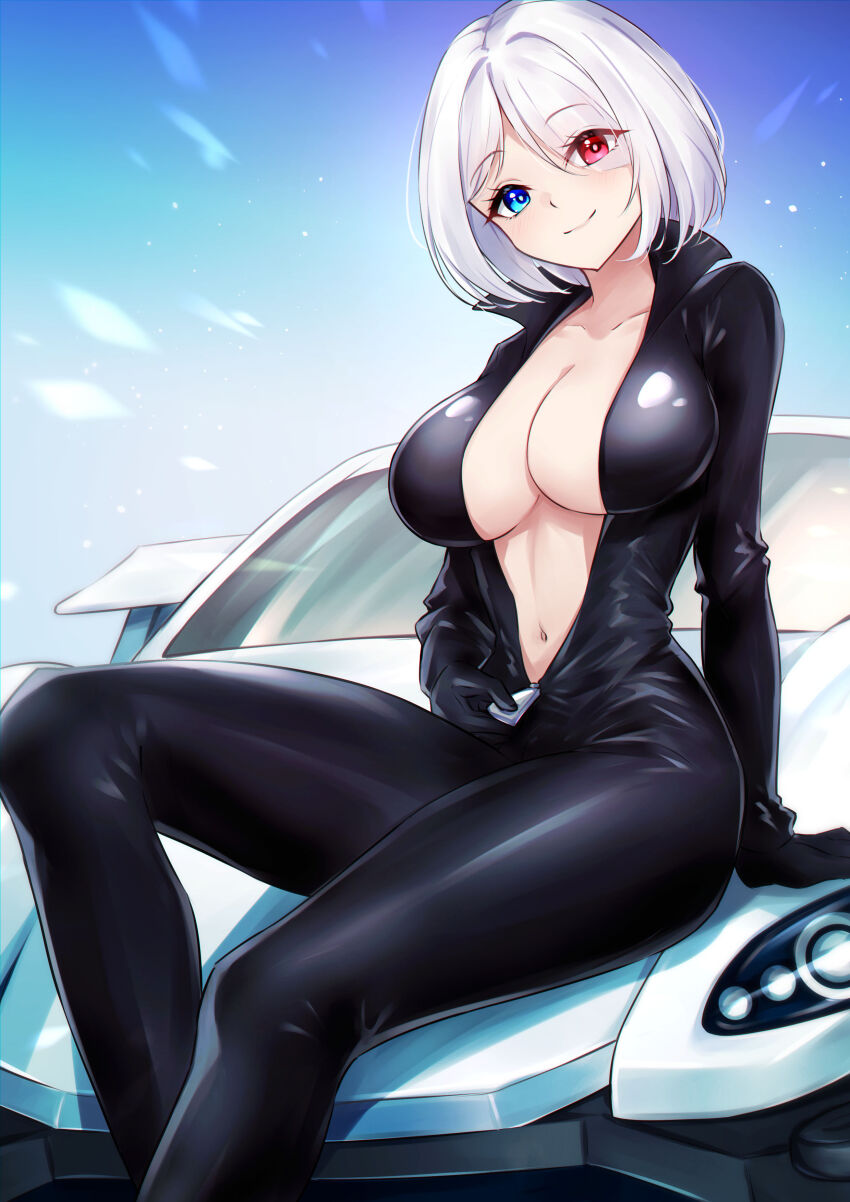 absurdres beyblade biker_clothes bikesuit black_bodysuit blue_eyes bodysuit breasts car cleavage head_tilt heterochromia highres large_breasts light_blush looking_at_viewer motor_vehicle navel on_car open_bodysuit open_clothes red_eyes sainen_yuko shiraiwa_usagi short_hair sitting skin_tight smile stomach thighs unzipped unzipping white_hair zipper