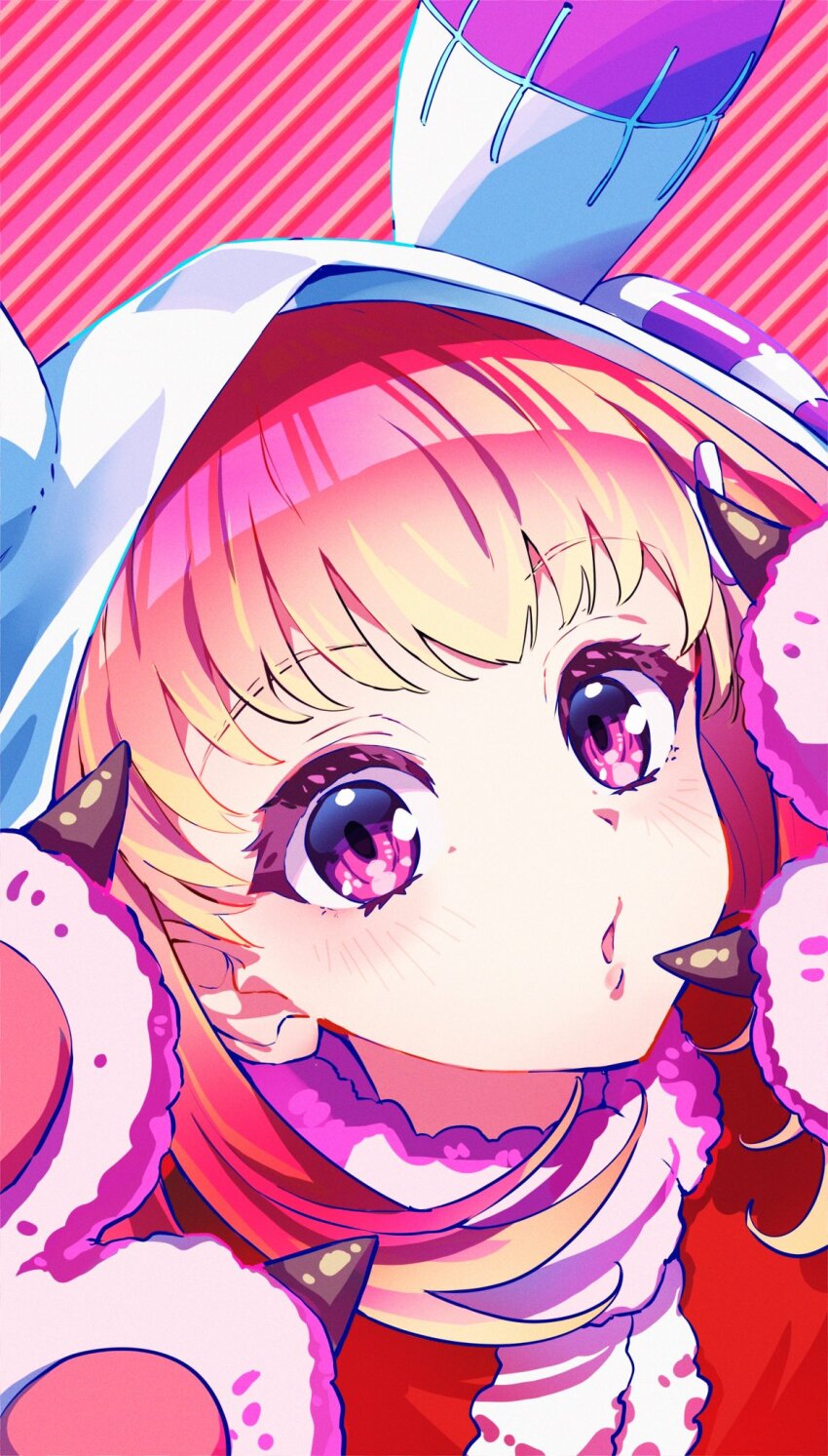 1girl animal_hands animal_hood commentary_request denonbu gloves highres hood hood_up looking_at_viewer mika_pikazo_(style) official_alternate_costume open_mouth paw_gloves pink_eyes pink_hair rabbit_hood sakurano_mimito short_hair solo upper_body wanowanoji67