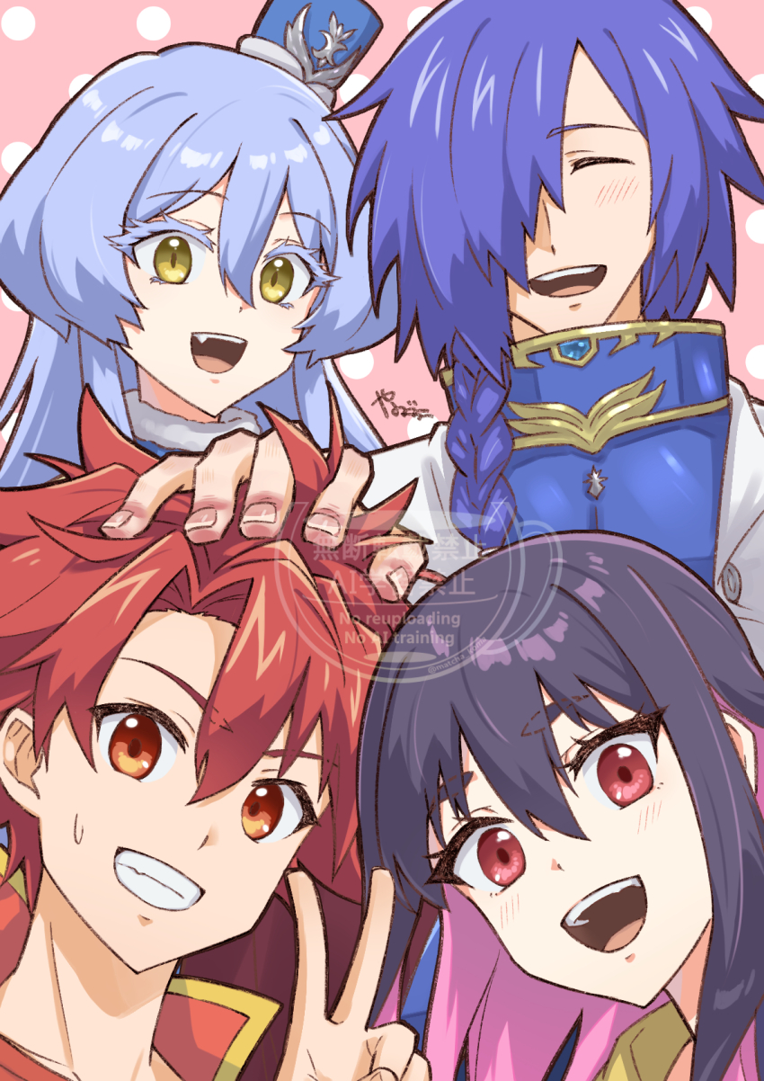 2boys 2girls armor asagaki_toogo black_hair blue_armor blue_hair braid brown_eyes closed_eyes commentary_request grabbing_another&#039;s_head group_picture highres idola_avorn long_hair multicolored_hair multiple_boys multiple_girls purple_hair red_eyes rosie_mist sentai_red_ga_isekai_de_boukensha_ni_naru short_hair teltina_liz_wagrel_alvarost two-tone_hair upper_body v yanagimachi yellow_eyes