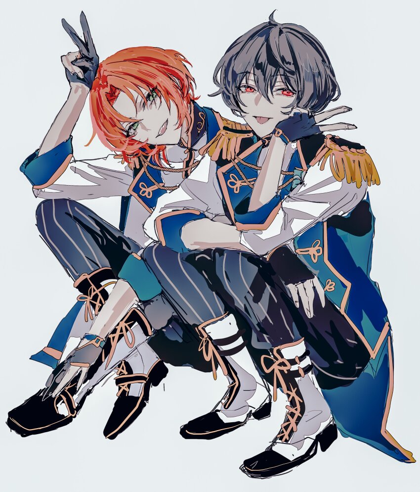 2boys absurdres arm_on_knee black_gloves black_hair black_pants blue_cape blue_vest cape crossed_legs ensemble_stars! fingerless_gloves fm6fu4w94 gloves green_eyes grey_background hair_between_eyes hand_on_own_face hand_on_own_head head_tilt highres looking_at_viewer male_focus medium_hair multiple_boys official_alternate_costume orange_hair pants parted_bangs partially_fingerless_gloves red_eyes sakuma_ritsu shirt simple_background squatting striped_clothes striped_pants tassel tongue tongue_out tsukinaga_leo v vest white_footwear white_shirt