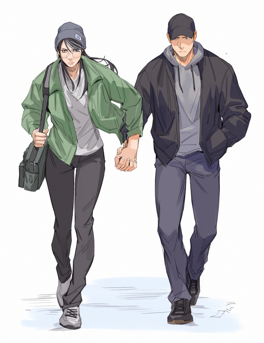 1boy 1girl absurdres assertive_female black_hat couple dokkaebi_(rainbow_six_siege) glasses hat highres holding_hands jacket open_clothes open_jacket rainbow_six_siege round_eyewear simple_background tb_choi12 vigil_(rainbow_six_siege)