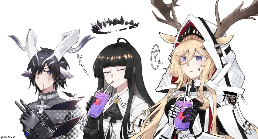 ... 1boy 2girls ? ahoge animal_ears antlers antlers_through_headwear arknights artist_name ascot belt belt_collar black_ascot black_belt black_bodysuit black_gloves black_hair black_halo blonde_hair blue_eyes blunt_bangs bodysuit breasts broken_halo cape closed_eyes closed_mouth collar collared_jacket commentary curled_horns dark_halo deer_antlers deer_ears deer_girl drink ears_through_headwear elbow_gloves empty_eyes english_commentary expressionless gauntlets gloves goat_boy goat_ears goat_horns grey_gloves grey_hair grey_jacket grimace_shake_(meme) hair_between_eyes hair_ornament hair_over_one_eye halo hand_up hands_up highres hime_cut holding holding_drink hood hood_up horns jacket large_breasts lessing_(arknights) liquid_from_mouth long_hair long_sleeves looking_at_viewer meme milkshake mole mole_under_eye multiple_girls nervous nervous_sweating no_grad parted_lips short-sleeved_jacket short_sleeves sidelocks simple_background smile spoken_ellipsis spoken_question_mark sweat sweatdrop twitter_username upper_body v very_long_hair virtuosa_(arknights) viviana_(arknights) white_background white_belt white_cape white_gloves white_hood white_horns white_jacket x_hair_ornament