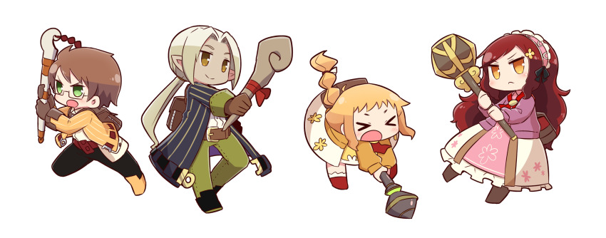 &gt;:( &gt;_&lt; 2boys 2girls 7th_dragon 7th_dragon_(series) :o backpack bag belt belt_buckle black_coat black_footwear black_pants blonde_hair blush boots braid brown_belt brown_eyes brown_footwear brown_gloves brown_hair brown_jacket buckle closed_eyes closed_mouth coat dark-skinned_male dark_elf dark_skin elf flower gloves green_eyes green_pants hair_flower hair_ornament hairband healer_(7th_dragon) highres holding holding_staff holding_weapon jacket jericho_(7th_dragon) kevin_(7th_dragon) long_hair long_sleeves low_ponytail mol_(7th_dragon) multiple_boys multiple_girls naga_u open_clothes open_coat open_jacket open_mouth orange_eyes pants pink_hairband pink_skirt pointy_ears ponytail purple_jacket red_footwear red_hair rosary_(7th_dragon) shirt simple_background single_braid skirt smile staff striped_clothes striped_jacket two-handed v-shaped_eyebrows vertical-striped_clothes vertical-striped_jacket very_long_hair weapon white_background white_shirt yellow_flower yellow_skirt