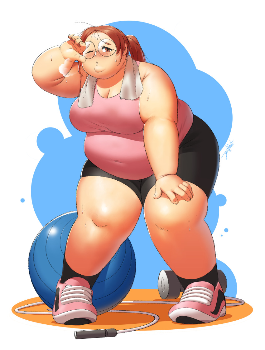 1girl absurdres breasts brown_eyes brown_hair cleavage dumbbell fat fat_woman glasses highres jeetdoh jump_rope large_breasts ponytail shorts solo sweat tank_top thick_thighs thighs towel towel_around_neck wide_hips