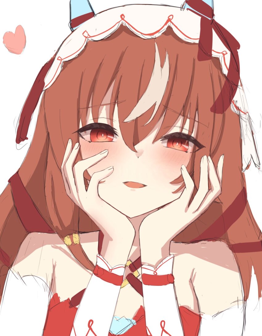 1girl animal_ears armpit_crease brown_hair detached_sleeves dress hair_between_eyes hands_on_own_face hexagram highres horse_ears horse_girl looking_at_viewer multicolored_hair parted_lips rain_drawing01 red_dress red_eyes smile solo star_of_david still_in_love_(umamusume) strapless strapless_dress streaked_hair umamusume veil white_hair white_veil