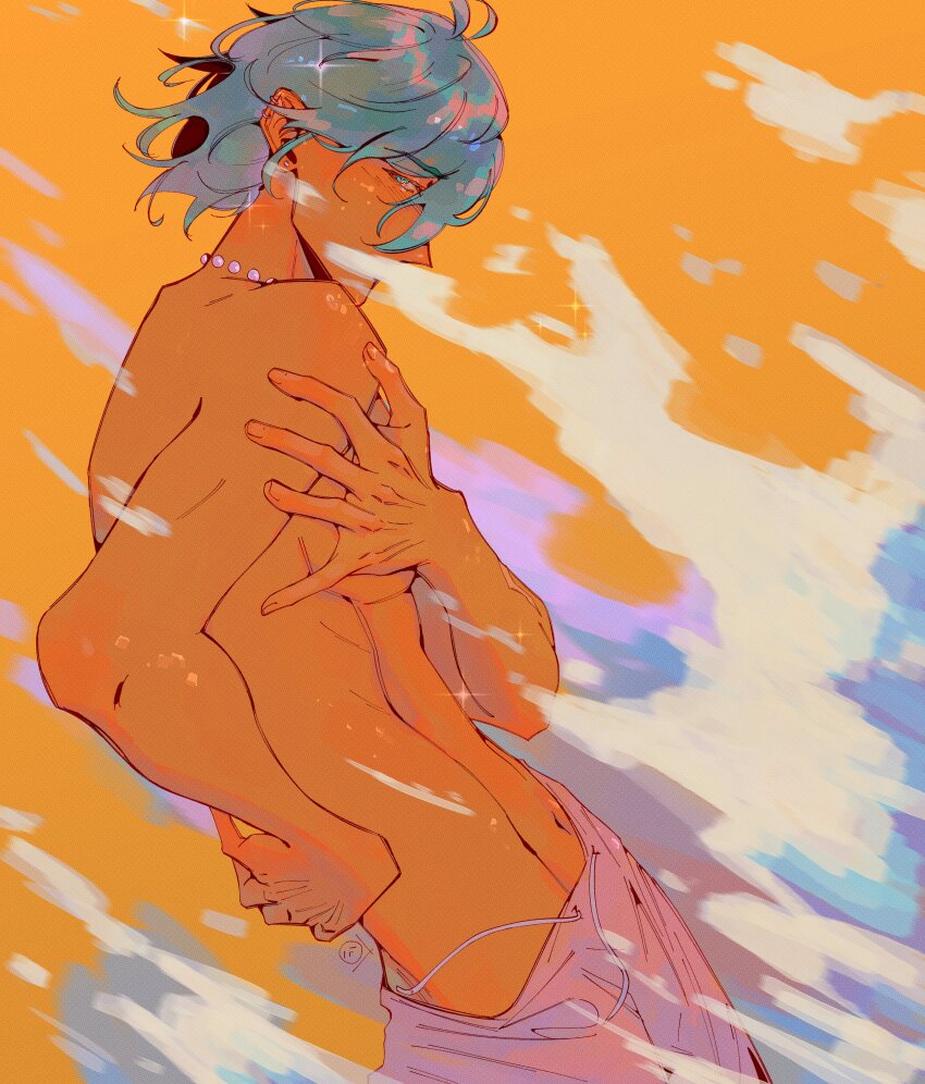 1boy abs absurdres blue_eyes blue_hair cove_holden covering_nipples covering_privates gradient_background hand_on_own_back hand_on_own_chest highres jewelry looking_back male_focus necklace no_shirt our_life:_beginnings_and_always pectorals sadlad03 shell shell_necklace short_hair shorts solo tan toned toned_male twisted_torso upper_body water