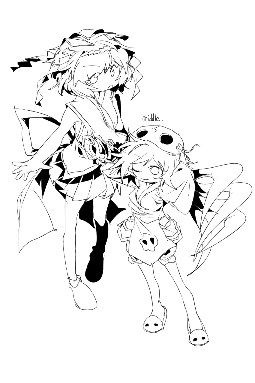 2others absurdres androgynous apron back_bow bare_arms bare_legs bare_shoulders bone bow cannon celeritas_lumen child closed_mouth collared_socks commentary crack english_commentary english_text full_body hachimaki hakama hakama_short_skirt hakama_skirt hand_on_headwear headband height_difference highres japanese_clothes kimono kitsugai_sese len&#039;en lineart ling_s long_sleeves medium_hair messy_hair multiple_others ofuda ofuda_on_head one-eyed open_mouth other_focus puffy_shorts ribbon shide shirt_under_kimono shorts simple_background single_bare_arm single_bare_shoulder single_sleeve skirt skull-shaped_hat skull_print sleeveless sleeveless_kimono slippers smile socks standing waist_apron white_background wide_sleeves