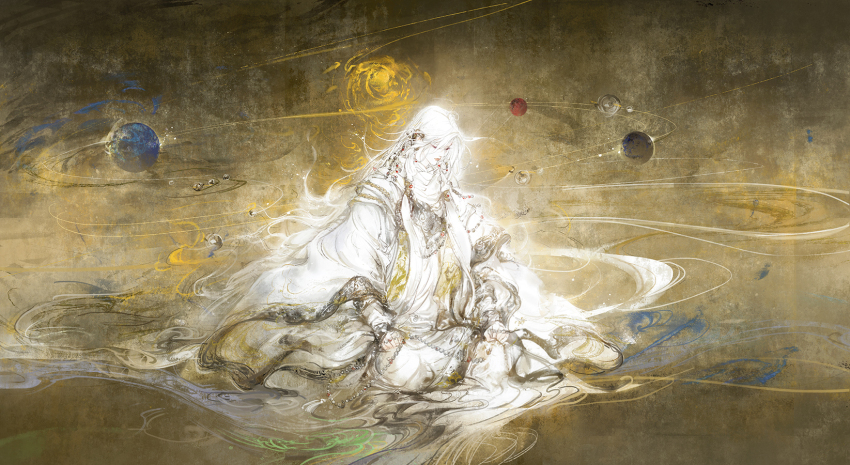 1boy beads chinese_clothes closed_mouth floating_hair hair_ornament hair_over_one_eye hand_on_own_knee hanfu highres holding jinguang_budaixi kcllzas163 kneeling layered_sleeves long_hair long_sleeves looking_down male_focus parted_bangs parted_hair planet prayer_beads qiao_rulai solo three_quarter_view white_hair white_hanfu white_sleeves wide_sleeves