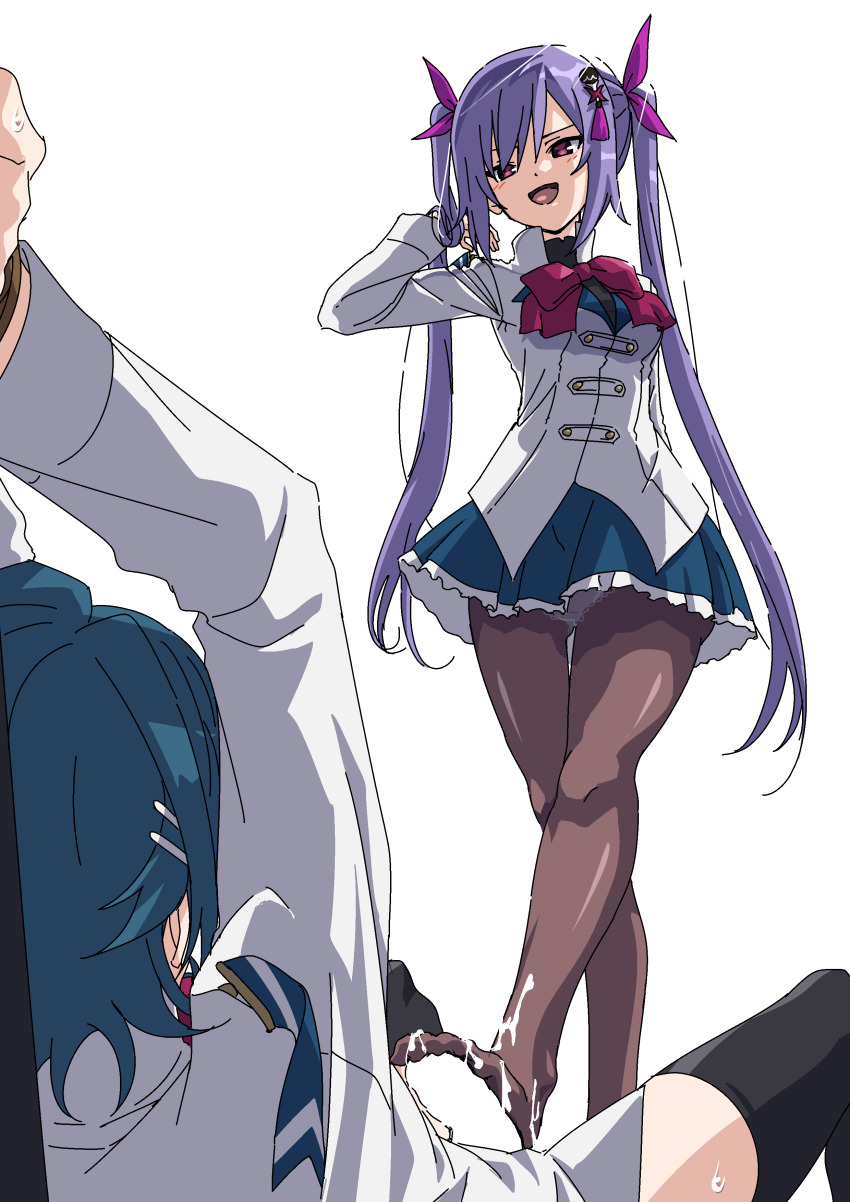 1futa 1girl :d absurdres aizawa_kazuha arm_behind_back arms_up assault_lily assertive_female black_legwear blank_censor blue_hair blue_skirt bound bound_wrists bow bowtie breasts brown_legwear buttons censored clothed_sex commentary_request cum cum_on_body cum_on_clothes cum_on_feet facing_away footjob footjob_with_legwear frilled_skirt frills from_below futa_with_female futanari futasub hair_between_eyes hair_flip hair_ornament hair_ribbon hairclip hand_up herensuge_girls_academy_school_uniform highres jacket knees_up leg_up light_blush long_hair long_sleeves looking_at_another looking_down lying matsumura_fuuka medium_breasts miniskirt mototenn multiple_girls naughty_face no_shoes on_back open_mouth panties panties_under_pantyhose pantyhose penis pink_eyes pink_ribbon purple_hair red_bow red_bowtie restrained ribbon school_uniform short_hair sidelocks simple_background skirt smile spread_legs standing sweat tassel thighhighs twintails underwear upskirt very_long_hair white_background white_jacket white_panties