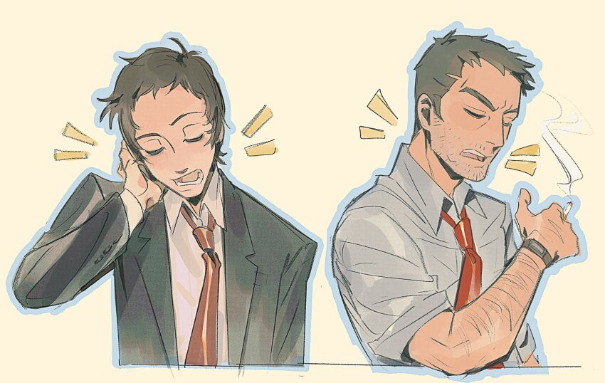 2boys adachi_tooru arm_hair arm_up beard_stubble black_suit brown_hair cigarette closed_eyes collared_shirt doujima_ryoutarou elbow_on_table facial_hair formal_clothes grey_shirt hand_on_own_neck highres holding holding_cigarette jacket layered_sleeves long_sleeves lower_teeth_only male_focus multiple_boys necktie open_clothes open_jacket open_mouth persona persona_4 red_necktie sam_(kyaptainkiddo) shirt short_hair sideburns simple_background sleeves_rolled_up smoke smoke_trail stubble suit suit_jacket teeth tongue upper_teeth_only watch wing_collar wristwatch yellow_background