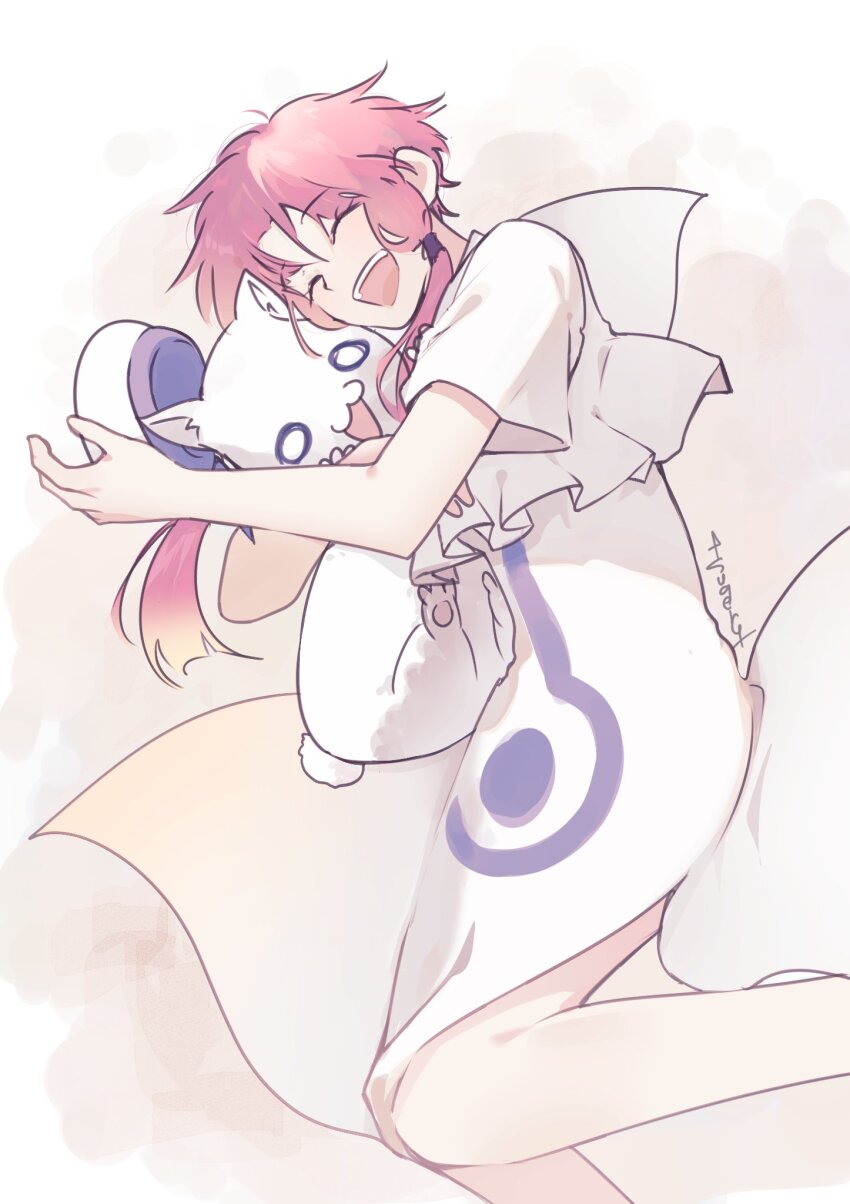1girl animal aria_(manga) aria_company_uniform aria_pokoteng beret cat dress feet_out_of_frame hat highres holding holding_animal holding_cat knees_together_feet_apart mizunashi_akari open_mouth pink_hair short_hair_with_long_locks short_sleeves side_slit signature sketch teeth tsugeru upper_teeth_only white_cat white_dress white_hat