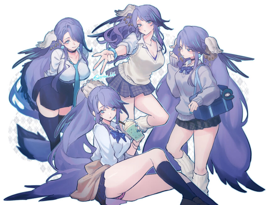 4girls alternate_costume artist_name bag beads black_choker blue_eyes blue_nails blue_necktie bracelet breasts cetus_kkk choker cleavage closed_mouth clothes_around_waist drink earrings fins grin hair_beads hair_ornament head_fins holding holding_drink jacket jacket_around_waist jewelry kneehighs leg_warmers long_hair long_sleeves looking_to_the_side multiple_girls necklace necktie ningyo_hime_(sinoalice) panties pleated_skirt ponytail pout purple_hair sad school_bag school_uniform sidelocks sinoalice sitting sketch skirt smile socks sweater thighhighs twintails twitter_username underwear very_long_hair wavy_hair zettai_ryouiki