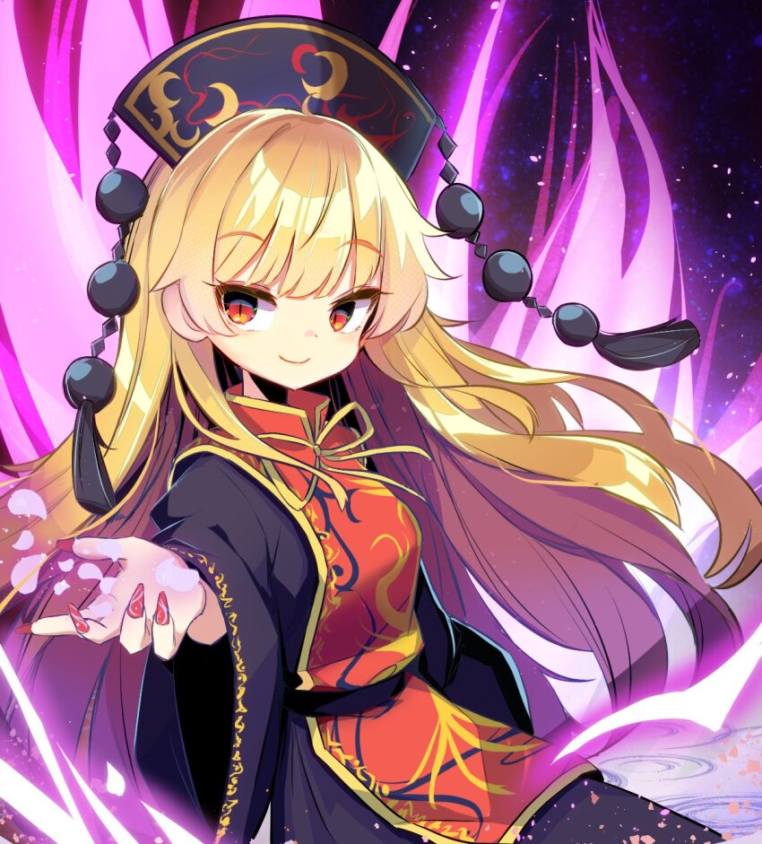 1girl aura black_dress black_hat black_sash blonde_hair breasts commentary_request dress fingernails happy harakune_(mugennero) hat highres junko_(touhou) junko_day long_fingernails long_hair long_sleeves looking_at_viewer nail_polish neck_ribbon phoenix_crown pom_pom_(clothes) red_eyes red_nails red_tabard ribbon sash small_breasts smile solo tabard tassel touhou very_long_hair wide_sleeves yellow_ribbon