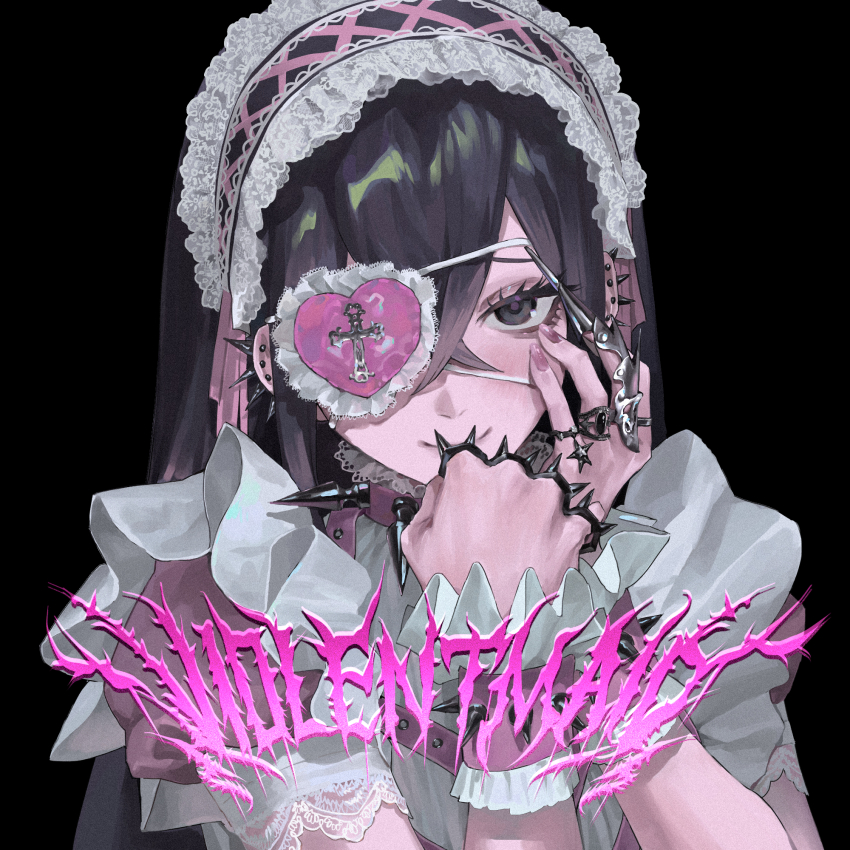 1girl black_background black_eyes black_hair blush close-up closed_mouth collar commentary crossed_bangs ear_piercing eyepatch frilled_hairband frilled_wrist_cuffs frills hairband hand_on_own_cheek hand_on_own_face heart heart_eyepatch highres jewelry lace-trimmed_hairband lace_trim long_hair looking_at_viewer maid nail_polish original piercing pink_nails puffy_short_sleeves puffy_sleeves ring short_sleeves simple_background solo spiked_collar spiked_cuffs spiked_knuckles spikes upper_body wrist_cuffs xi_hsi yandere