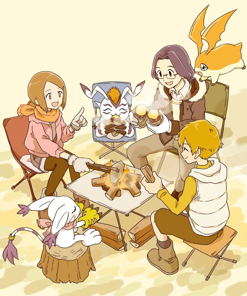 1girl 2boys :d black_hair blonde_hair brown_eyes brown_jacket brown_pantyhose brown_shorts campfire camping_chair digimon digimon_(creature) digimon_adventure_02 folding_chair gdn0522 glasses gloves gomamon grey_gloves grey_pants hair_intakes hair_ornament hairclip highres hood hood_down hooded_jacket index_finger_raised jacket kido_jo medium_hair multiple_boys open_clothes open_jacket open_mouth orange_scarf pants pantyhose pantyhose_under_shorts parted_bangs patamon pink_jacket scarf short_hair shorts sitting smile sweater tailmon takaishi_takeru white_gloves white_sweater wing_collar yagami_hikari