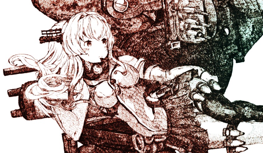 10s 1girl cowboy_shot elbow_gloves female_focus gloves gradient_filter gurin33 hand_on_own_thigh kantai_collection long_hair looking_to_the_side lying miniskirt monochrome on_side playing_with_own_hair ponytail rigging ship_turret simple_background skirt solo thigh_strap white_background yamato_(kancolle)