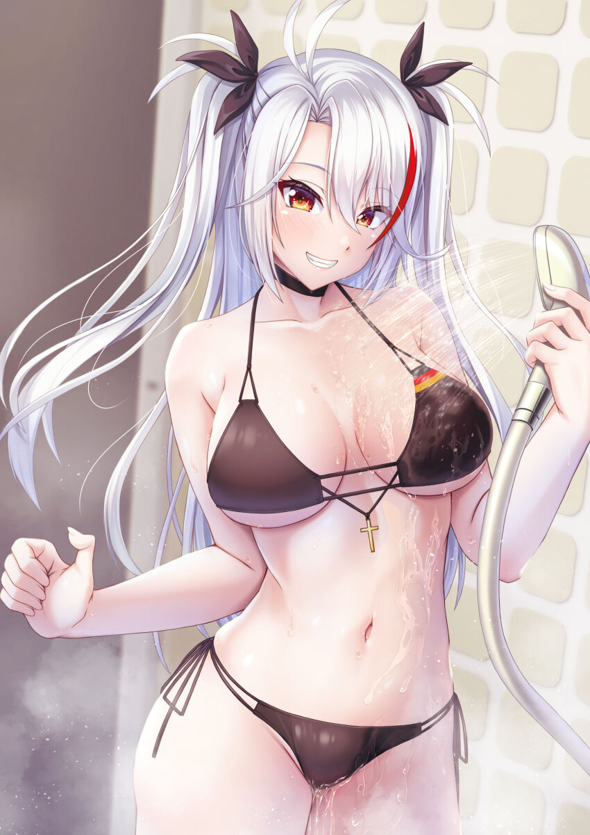 1girl antenna_hair azur_lane bare_shoulders bikini black_bikini black_choker breasts choker cleavage collarbone commentary_request cowboy_shot cross flag_print gekato german_flag german_flag_bikini grin groin hair_between_eyes hair_ribbon highres holding holding_shower_head indoors large_breasts long_hair looking_at_viewer multicolored_hair navel official_alternate_costume orange_eyes prinz_eugen_(azur_lane) prinz_eugen_(unfading_smile)_(azur_lane) red_hair ribbon shower_(place) shower_head showering side-tie_bikini_bottom sidelocks smile solo standing steam stomach streaked_hair swimsuit teeth tile_wall tiles two_side_up wet white_hair