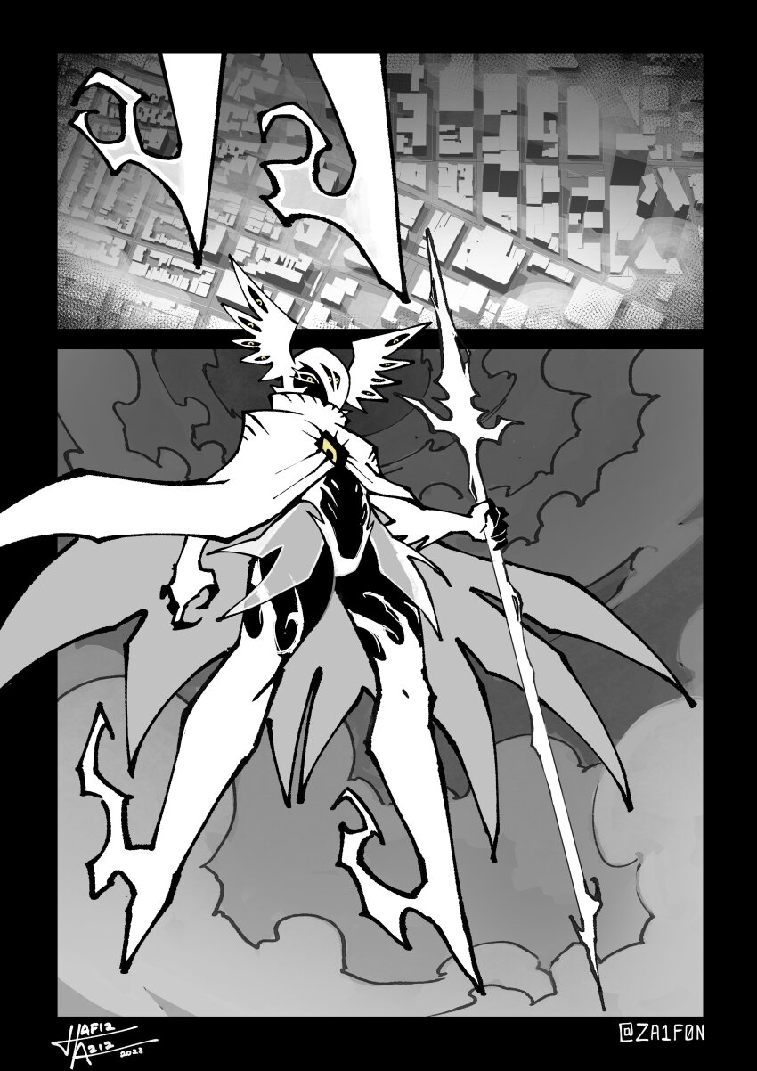 absurdres angel angel_(za1f0n) black_skin cape cloud colored_skin energy_spear extra_eyes head_wings highres holding holding_polearm holding_weapon limited_palette looking_down monochrome monster_girl original polearm signature sky spear teeth twitter_username weapon wings yellow_eyes za1f0n