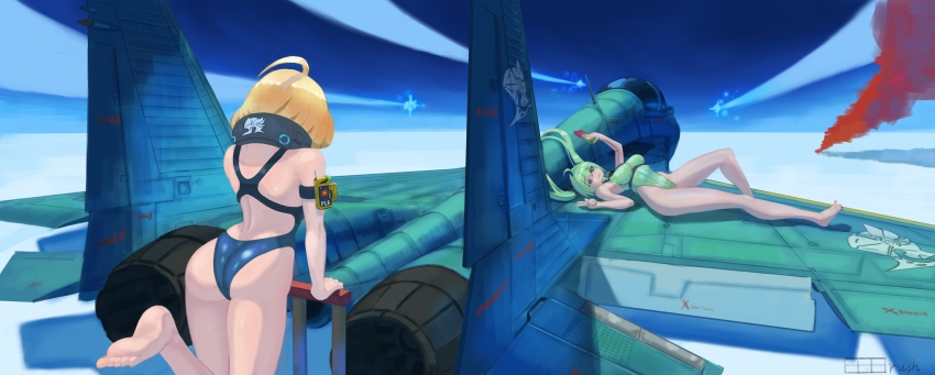 2girls :3 absurdres ahoge aircraft airplane ass bbbrush blonde_hair breasts competition_swimsuit fighter_jet from_behind full_body green_eyes green_hair griffon_(last_origin) highres last_origin lindwurm_(last_origin) long_hair looking_at_viewer mig-29 military military_vehicle multiple_girls one-piece_swimsuit outdoors selfie short_hair swimsuit twintails