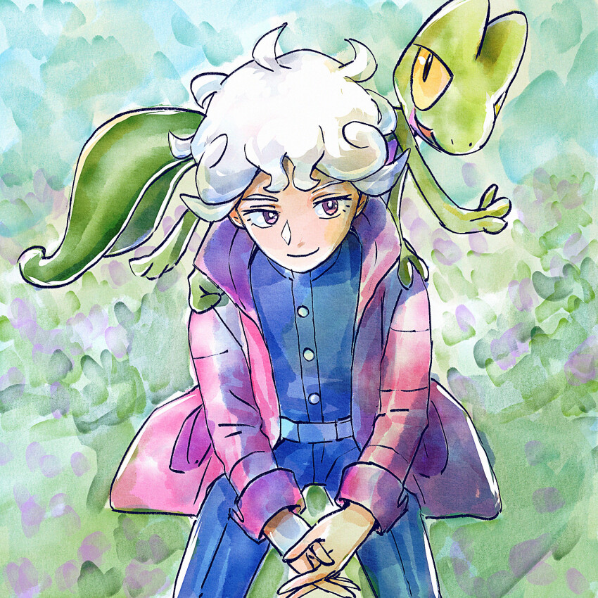 1boy bede_(pokemon) belt blue_jacket blue_pants bright_pupils buttons closed_mouth coat commentary curly_hair gen_3_pokemon go-lurk highres jacket male_focus nintendo own_hands_together pants pink_coat pokemon pokemon_(creature) pokemon_on_back pokemon_swsh purple_eyes short_hair smile treecko white_hair white_pupils