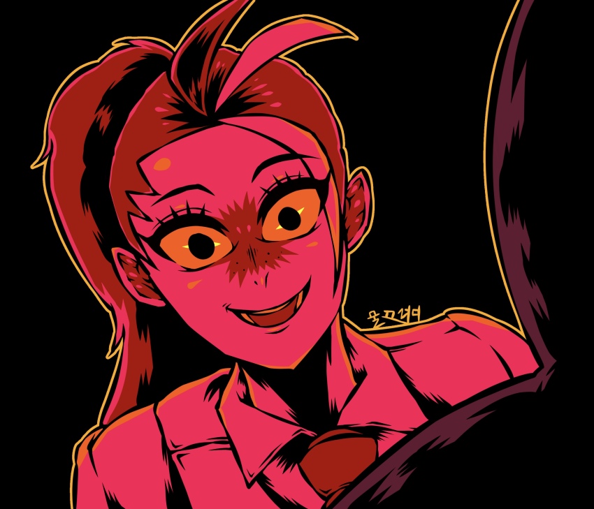 1girl 1other absurdres bidul_(bidul72476120) collared_shirt crazy_eyes crazy_smile creepy eyelashes freckles highres long_hair looking_at_another multicolored_hair necktie nemona_(pokemon) nintendo open_mouth pokemon pokemon_sv ponytail school_uniform shaded_face shirt short_sleeves smile solo two-tone_hair upper_body