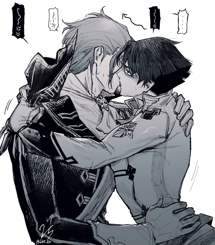 ... 2boys absurdres ace_attorney anger_vein ascot barok_van_zieks belt clothes_grab french_kiss gkt_eo gloves greyscale hand_on_another&#039;s_back hand_on_another&#039;s_waist highres jacket kazuma_asogi kiss male_focus monochrome multiple_boys profile short_hair spoken_anger_vein spoken_ellipsis sweat the_great_ace_attorney the_great_ace_attorney_2:_resolve upper_body yaoi
