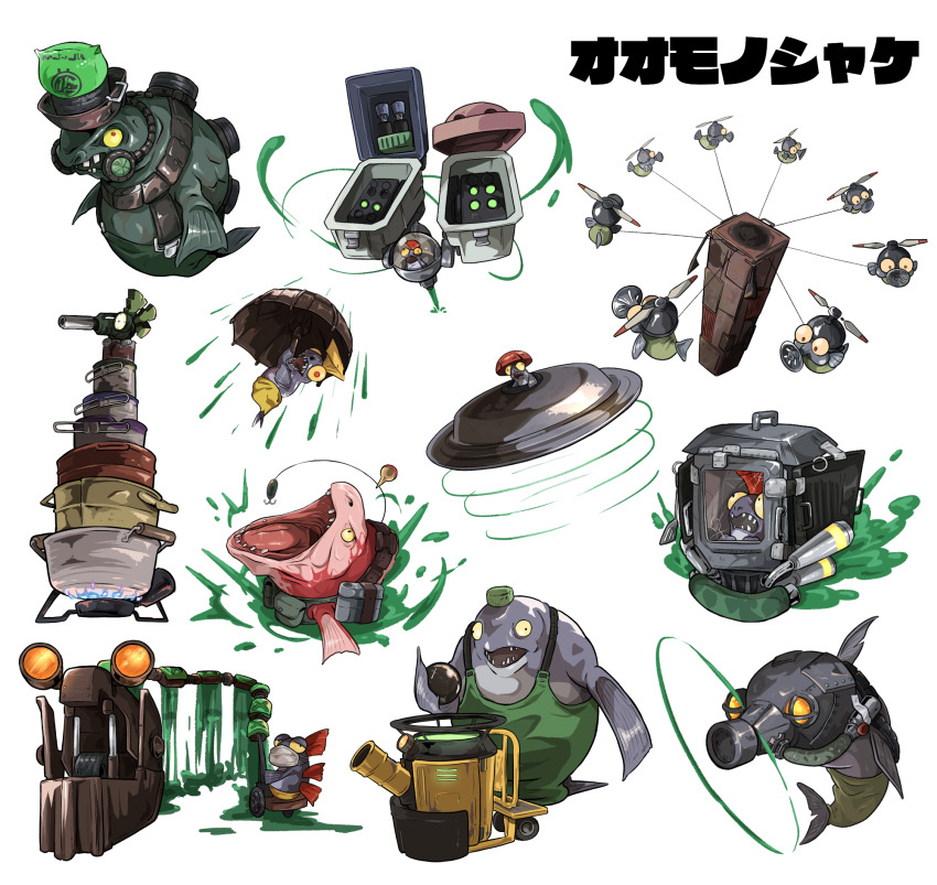 big_shot_(splatoon) bulging_eyes crooked_teeth drizzler_(splatoon) fish_stick_(splatoon) flipper-flopper_(splatoon) flyfish_(splatoon) gameplay_mechanics highres ink maws_(splatoon) mohawk nintendo poyo_party propeller_hat salmon_run_(splatoon) salmonid scrapper_(splatoon) simple_background single_tooth slammin&#039;_lid_(splatoon) splatoon_(series) splatoon_3 steel_eel_(splatoon) steelhead_(splatoon) stinger_(splatoon) white_background
