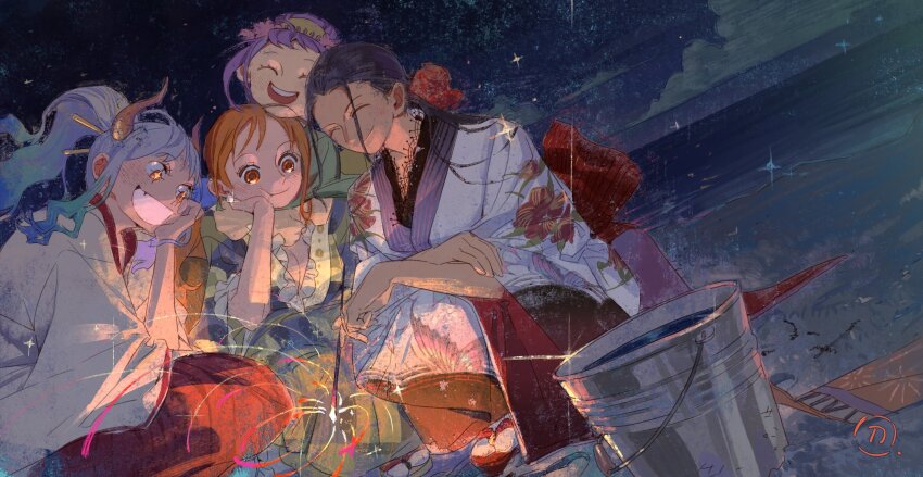 +_+ 4girls :t ^_^ arm_around_neck black_hair blue_hair bucket cheek_press child chin_rest closed_eyes dutch_angle fireworks floral_print gradient_hair grey_hair grin hair_slicked_back hakama hand_on_own_cheek hand_on_own_face happy hashtag-only_commentary head_on_head head_rest height_difference high_ponytail highres holding holding_fireworks horizon horns hug hug_from_behind japanese_clothes kimono kurozumi_tama leaning_forward long_hair long_sleeves looking_at_object multicolored_hair multiple_girls nami_(one_piece) nico_robin night night_sky ocean one_piece oni orange_eyes orange_hair outdoors ponytail print_kimono purple_hair siyangou49 sky smile squatting star_(sky) starry_sky water white_hair wide_sleeves yamato_(one_piece)