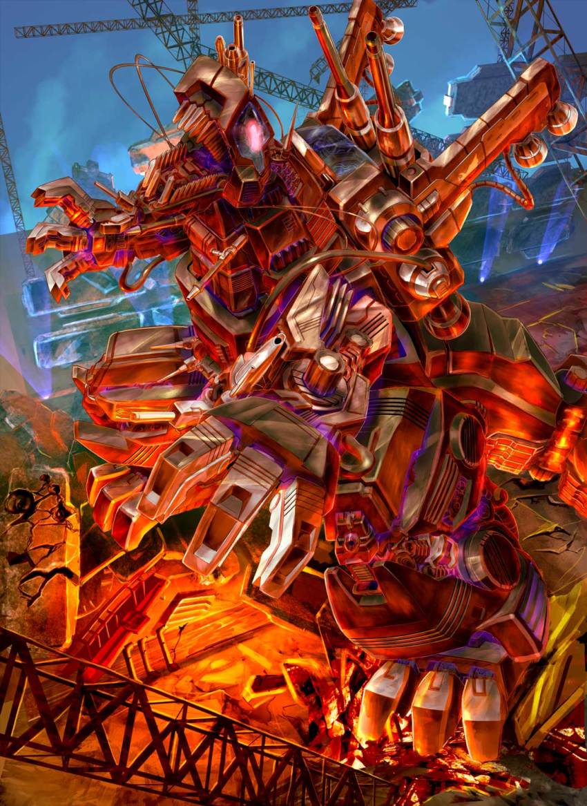 cable commission death_saurer glowing glowing_eyes ground_shatter highres mecha no_humans open_hands open_mouth pink_eyes robot science_fiction sharp_teeth skeb_commission solo teeth thrusters uungunover zoids