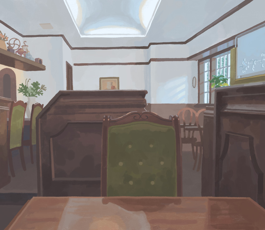 cafe chair commentary day highres indoors muji_(uimss) no_humans original painting_(object) plant potted_plant reflective_table scenery shelf table window wooden_chair wooden_table