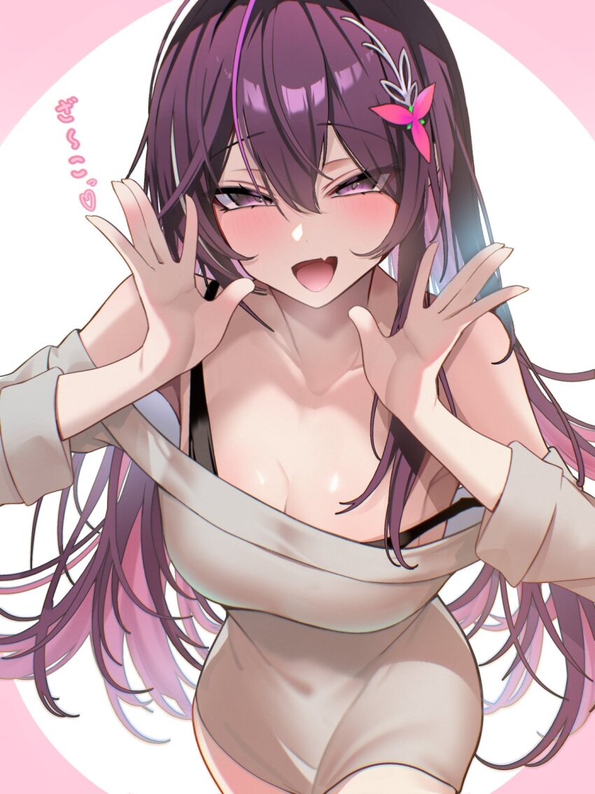 1girl :d alternate_costume azki_(hololive) bare_shoulders blush bra_strap breasts cleavage collarbone commentary_request cowboy_shot double-parted_bangs dress fang hair_between_eyes hair_ornament hands_up highres hololive long_hair long_sleeves looking_at_viewer off-shoulder_dress off_shoulder omoti_(1201208) open_hands open_mouth pink_background purple_eyes purple_hair skin_fang smile solo straight-on translation_request two-tone_background very_long_hair virtual_youtuber white_background white_dress