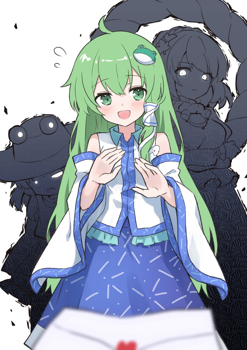 3girls :d absurdres ahase_hino ahoge bare_shoulders blush collared_shirt commentary_request detached_sleeves flying_sweatdrops frilled_shirt frills frog_hair_ornament green_eyes green_hair hair_bun hair_ornament hair_tubes highres kochiya_sanae letter long_hair long_sleeves love_letter moriya_suwako multiple_girls nervous nontraditional_miko open_mouth pov shirt single_hair_tube single_side_bun sleeveless sleeveless_shirt smile snake_hair_ornament touhou very_long_hair white_shirt white_sleeves wide_sleeves yasaka_kanako